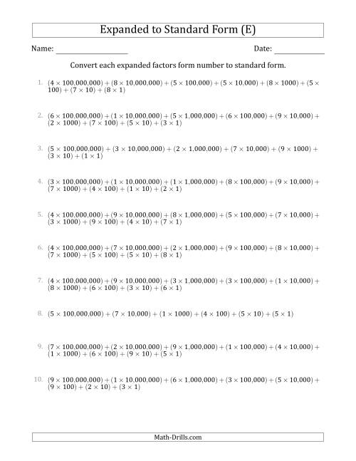 The Converting Expanded Factors Form Numbers to Standard Form (9-Digit Numbers) (US/UK) (E) Math Worksheet