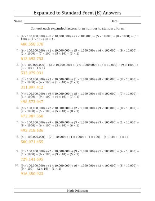 The Converting Expanded Factors Form Numbers to Standard Form (9-Digit Numbers) (US/UK) (E) Math Worksheet Page 2