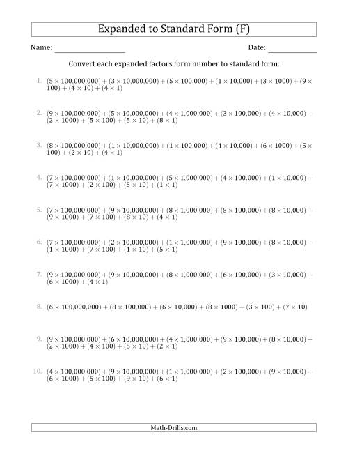 The Converting Expanded Factors Form Numbers to Standard Form (9-Digit Numbers) (US/UK) (F) Math Worksheet