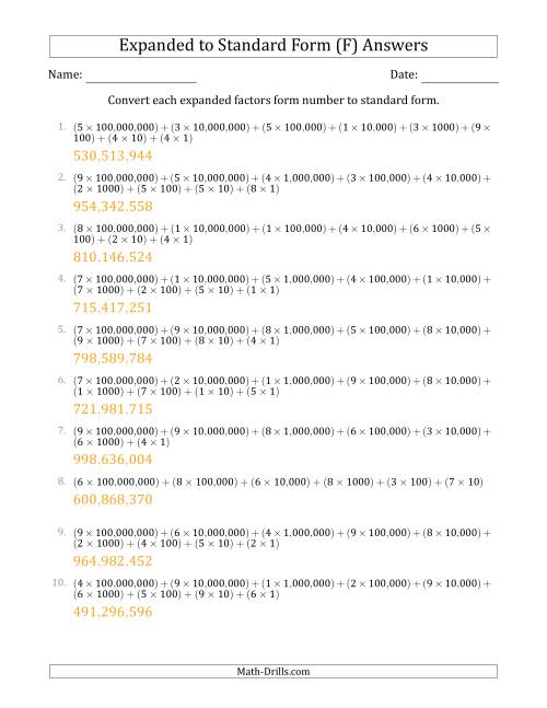 The Converting Expanded Factors Form Numbers to Standard Form (9-Digit Numbers) (US/UK) (F) Math Worksheet Page 2