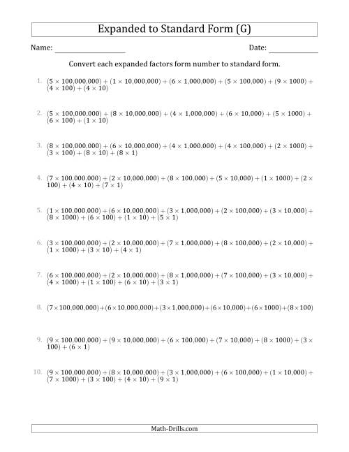 The Converting Expanded Factors Form Numbers to Standard Form (9-Digit Numbers) (US/UK) (G) Math Worksheet