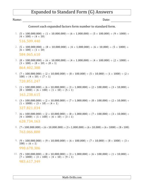 The Converting Expanded Factors Form Numbers to Standard Form (9-Digit Numbers) (US/UK) (G) Math Worksheet Page 2
