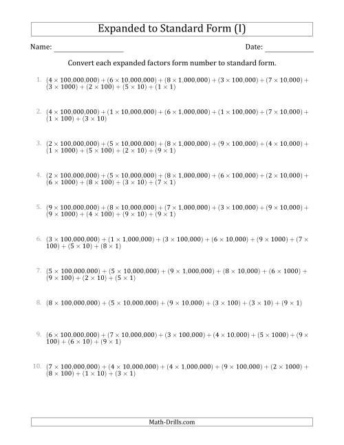 The Converting Expanded Factors Form Numbers to Standard Form (9-Digit Numbers) (US/UK) (I) Math Worksheet