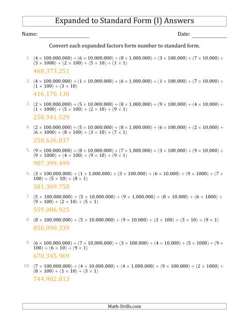The Converting Expanded Factors Form Numbers to Standard Form (9-Digit Numbers) (US/UK) (I) Math Worksheet Page 2