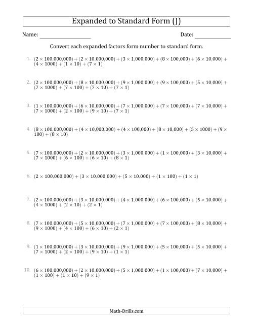 The Converting Expanded Factors Form Numbers to Standard Form (9-Digit Numbers) (US/UK) (J) Math Worksheet