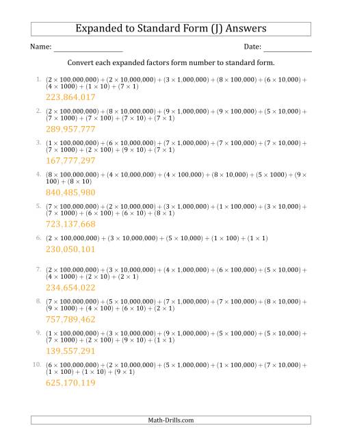 The Converting Expanded Factors Form Numbers to Standard Form (9-Digit Numbers) (US/UK) (J) Math Worksheet Page 2