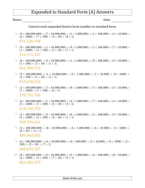 The Converting Expanded Factors Form Numbers to Standard Form (9-Digit Numbers) (US/UK) (All) Math Worksheet Page 2