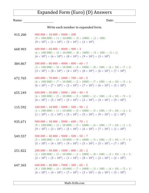The Writing 6-Digit Numbers in Expanded Form (Euro Number Format) (D) Math Worksheet Page 2