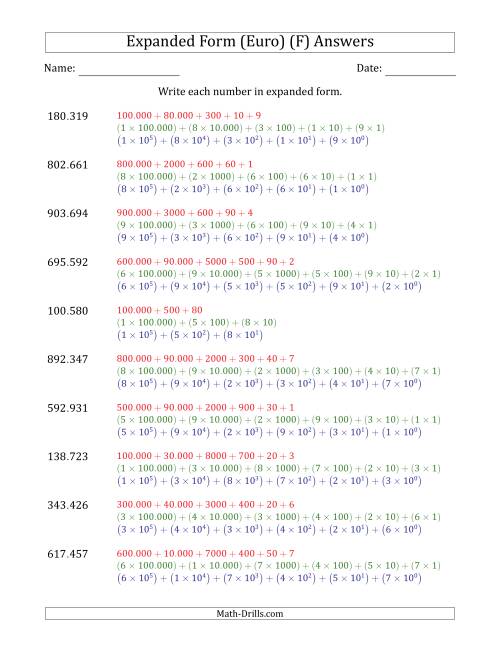 The Writing 6-Digit Numbers in Expanded Form (Euro Number Format) (F) Math Worksheet Page 2