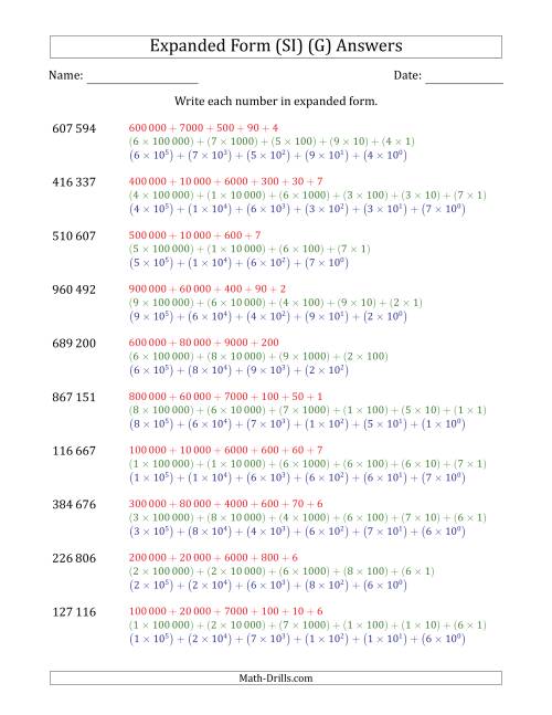 The Writing 6-Digit Numbers in Expanded Form (SI Number Format) (G) Math Worksheet Page 2