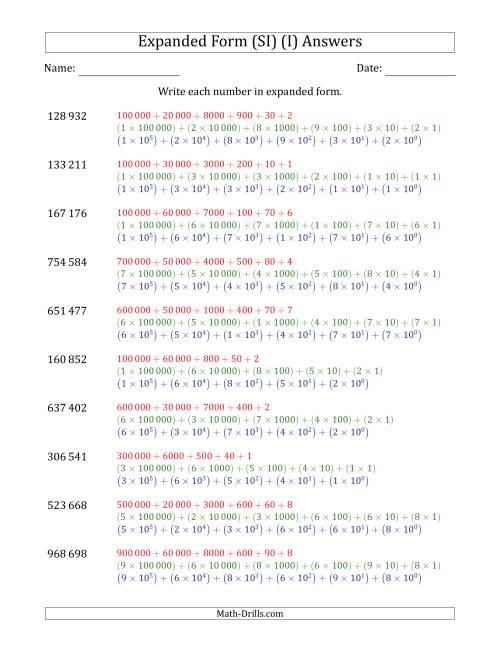 The Writing 6-Digit Numbers in Expanded Form (SI Number Format) (I) Math Worksheet Page 2