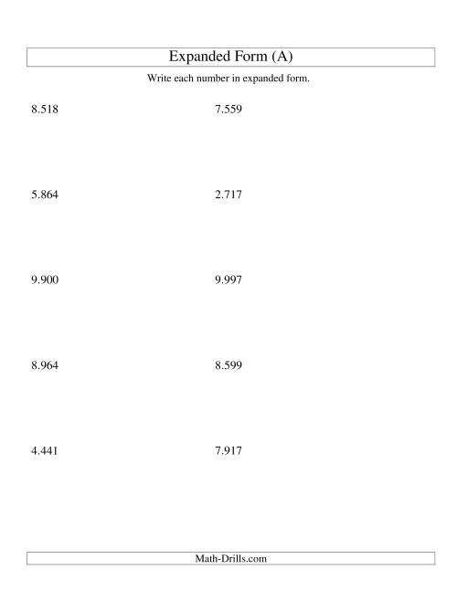 The Writing Numbers in Expanded Form 1.000 to 9.999 (Euro Version) (A) Math Worksheet