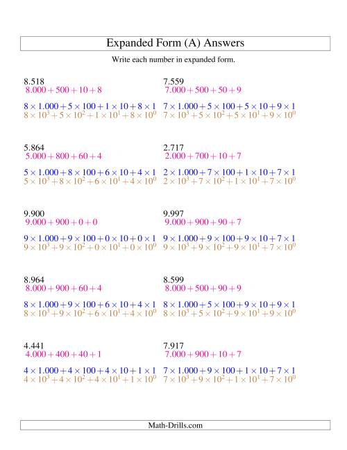 The Writing Numbers in Expanded Form 1.000 to 9.999 (Euro Version) (A) Math Worksheet Page 2