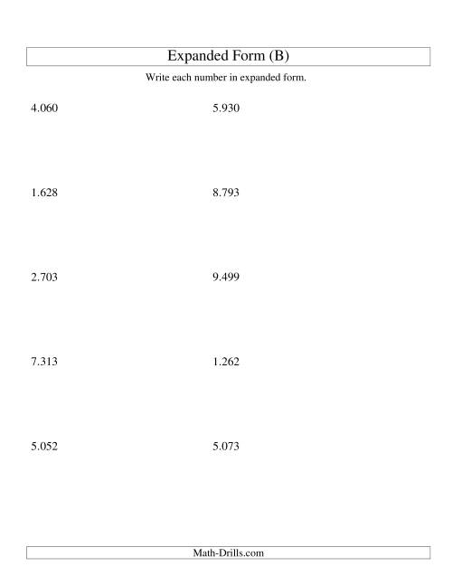 The Writing Numbers in Expanded Form 1.000 to 9.999 (Euro Version) (B) Math Worksheet