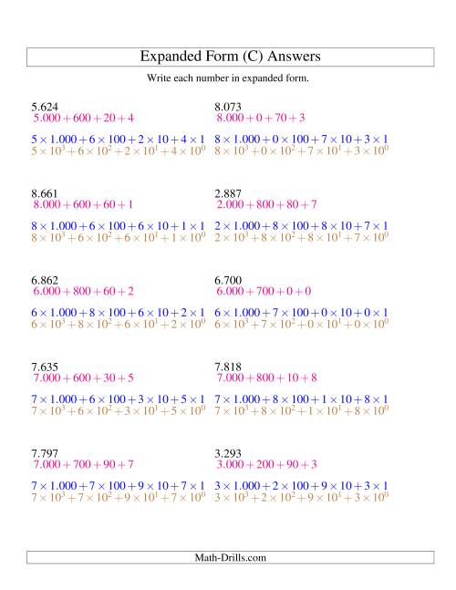 The Writing Numbers in Expanded Form 1.000 to 9.999 (Euro Version) (C) Math Worksheet Page 2