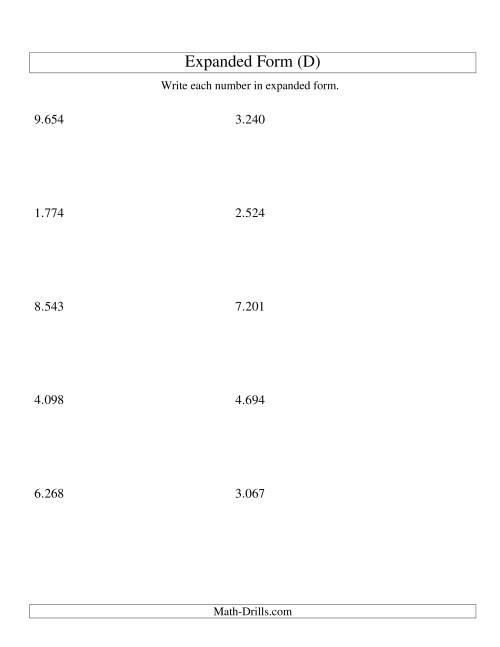 The Writing Numbers in Expanded Form 1.000 to 9.999 (Euro Version) (D) Math Worksheet