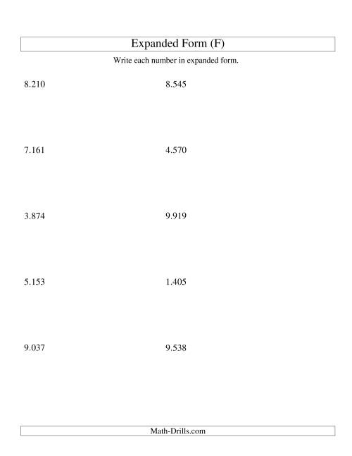 The Writing Numbers in Expanded Form 1.000 to 9.999 (Euro Version) (F) Math Worksheet