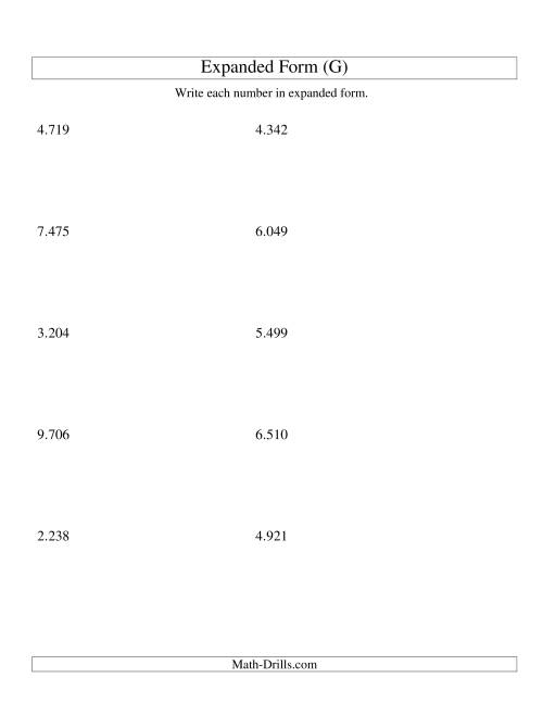 The Writing Numbers in Expanded Form 1.000 to 9.999 (Euro Version) (G) Math Worksheet