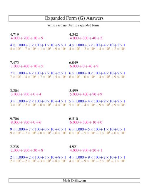 The Writing Numbers in Expanded Form 1.000 to 9.999 (Euro Version) (G) Math Worksheet Page 2