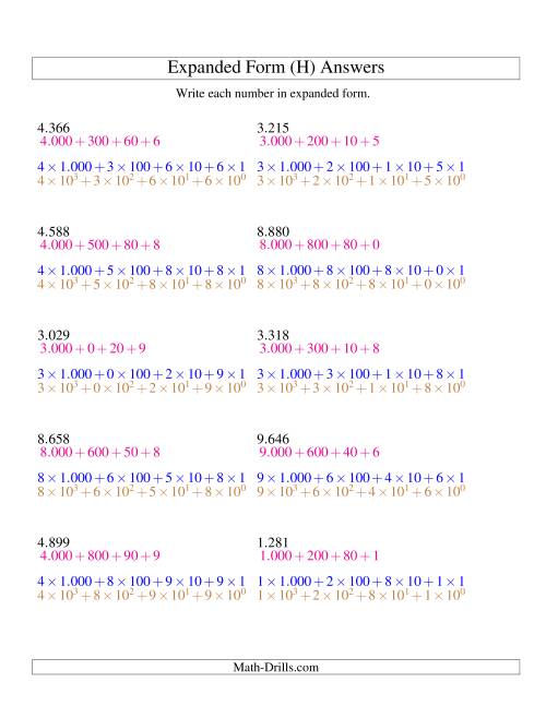 The Writing Numbers in Expanded Form 1.000 to 9.999 (Euro Version) (H) Math Worksheet Page 2