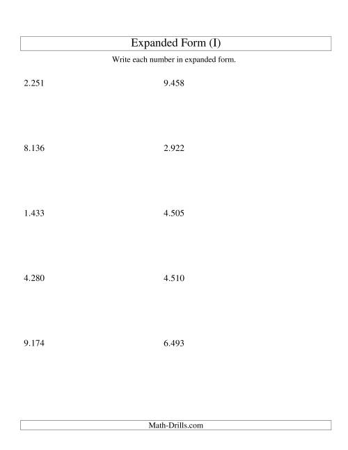 The Writing Numbers in Expanded Form 1.000 to 9.999 (Euro Version) (I) Math Worksheet