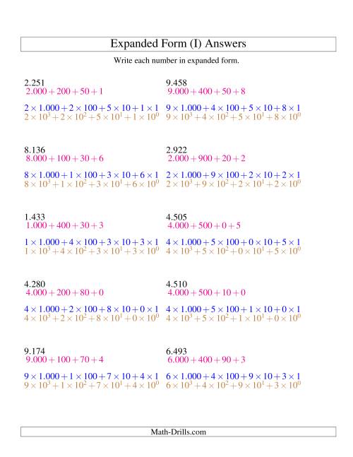 The Writing Numbers in Expanded Form 1.000 to 9.999 (Euro Version) (I) Math Worksheet Page 2