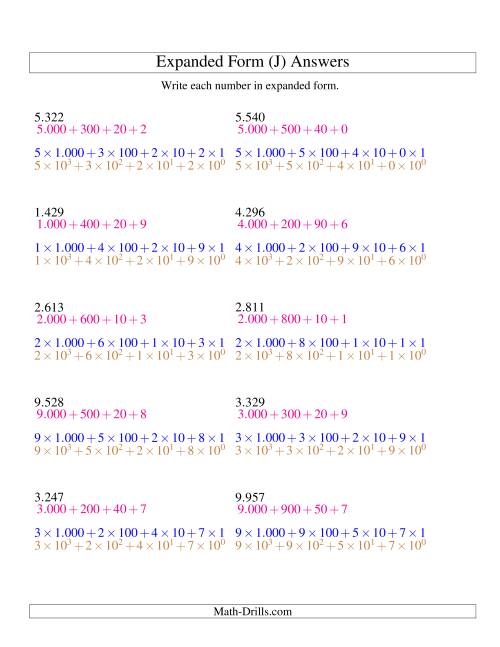 The Writing Numbers in Expanded Form 1.000 to 9.999 (Euro Version) (J) Math Worksheet Page 2