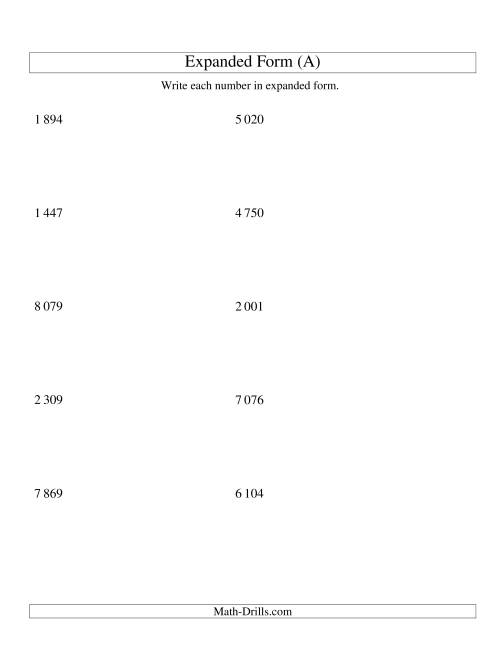 The Writing Numbers in Expanded Form 1 000 to 9 999 (SI Version) (A) Math Worksheet