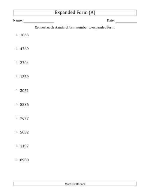 The Converting Standard Form Numbers to Expanded Form (4-Digit Numbers) (A) Math Worksheet