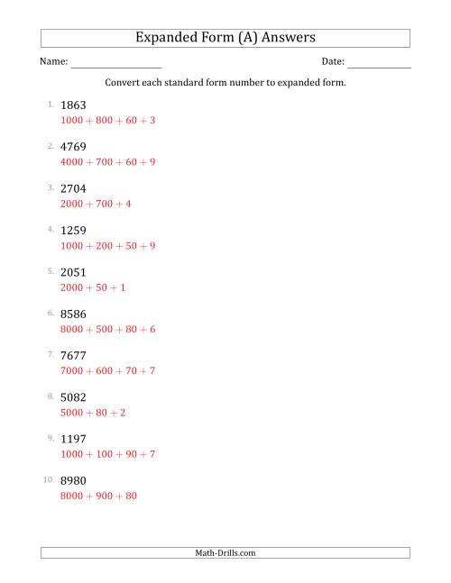 The Converting Standard Form Numbers to Expanded Form (4-Digit Numbers) (A) Math Worksheet Page 2