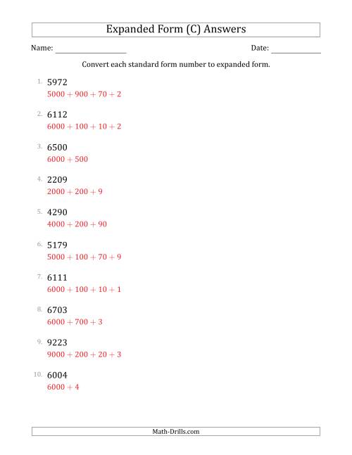 The Converting Standard Form Numbers to Expanded Form (4-Digit Numbers) (C) Math Worksheet Page 2
