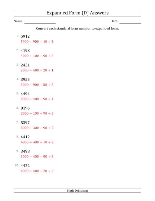 The Converting Standard Form Numbers to Expanded Form (4-Digit Numbers) (D) Math Worksheet Page 2