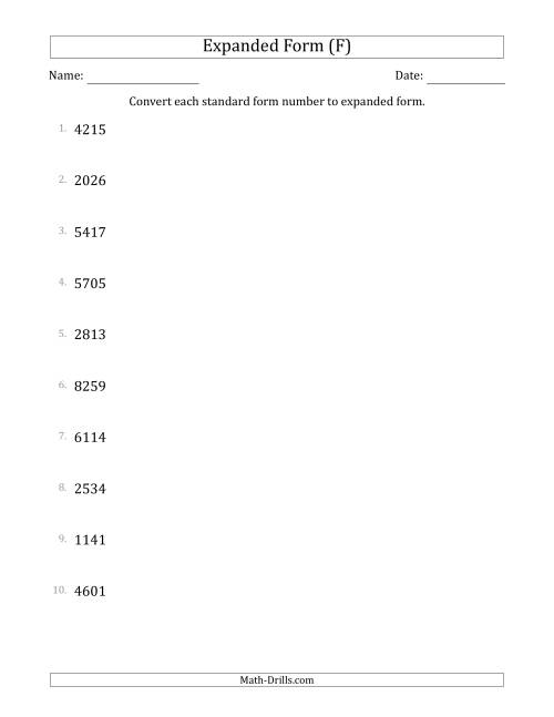 The Converting Standard Form Numbers to Expanded Form (4-Digit Numbers) (F) Math Worksheet