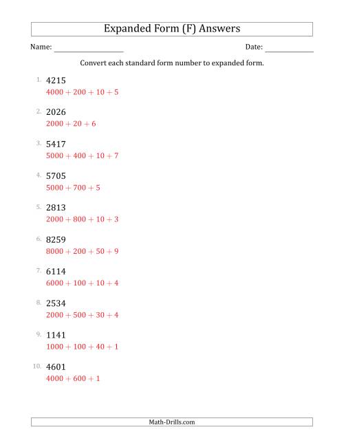 The Converting Standard Form Numbers to Expanded Form (4-Digit Numbers) (F) Math Worksheet Page 2