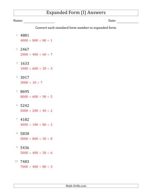 The Converting Standard Form Numbers to Expanded Form (4-Digit Numbers) (I) Math Worksheet Page 2