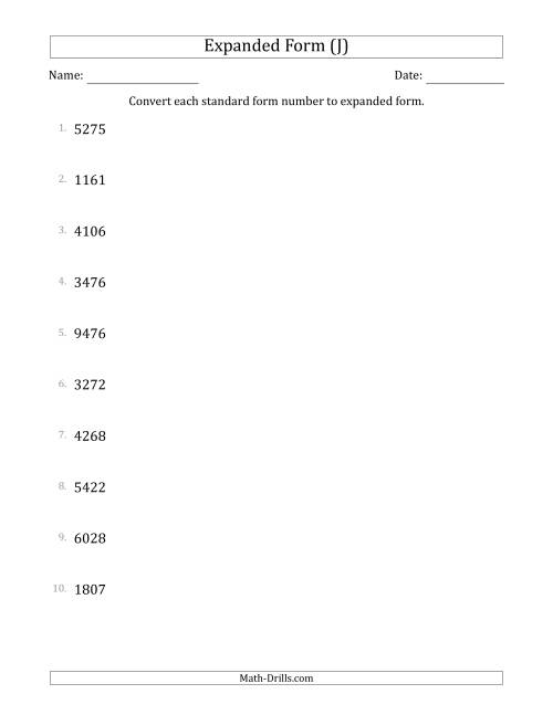 The Converting Standard Form Numbers to Expanded Form (4-Digit Numbers) (J) Math Worksheet