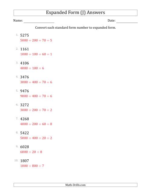 The Converting Standard Form Numbers to Expanded Form (4-Digit Numbers) (J) Math Worksheet Page 2
