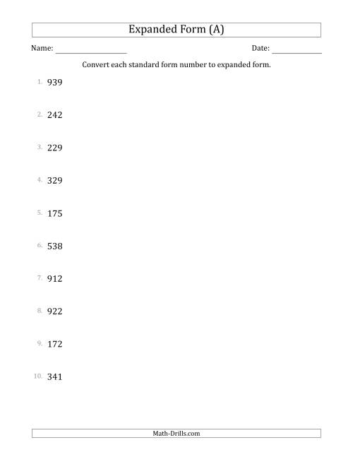 The Converting Standard Form Numbers to Expanded Form (3-Digit Numbers) (A) Math Worksheet