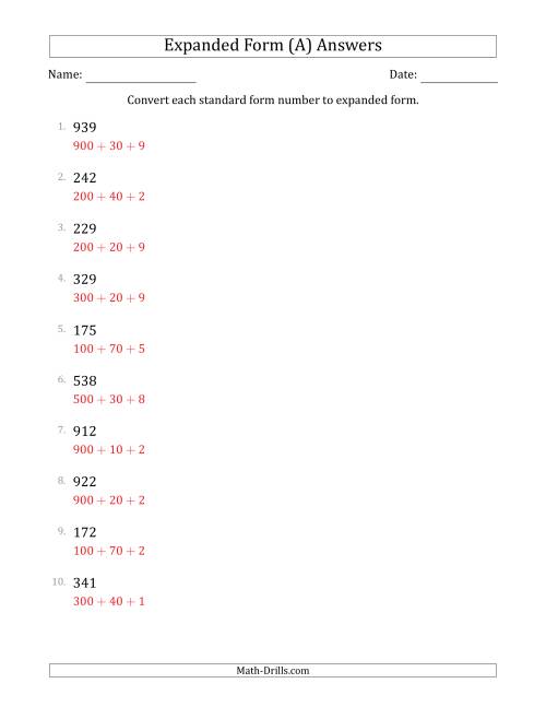 The Converting Standard Form Numbers to Expanded Form (3-Digit Numbers) (A) Math Worksheet Page 2