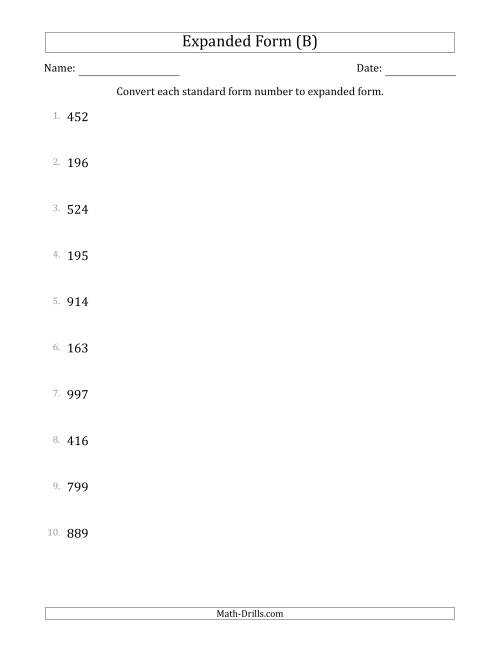 The Converting Standard Form Numbers to Expanded Form (3-Digit Numbers) (B) Math Worksheet
