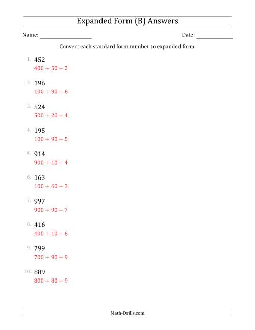The Converting Standard Form Numbers to Expanded Form (3-Digit Numbers) (B) Math Worksheet Page 2