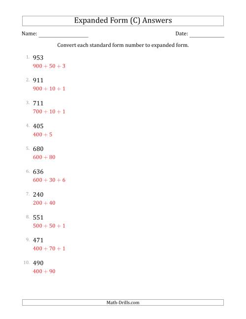 The Converting Standard Form Numbers to Expanded Form (3-Digit Numbers) (C) Math Worksheet Page 2