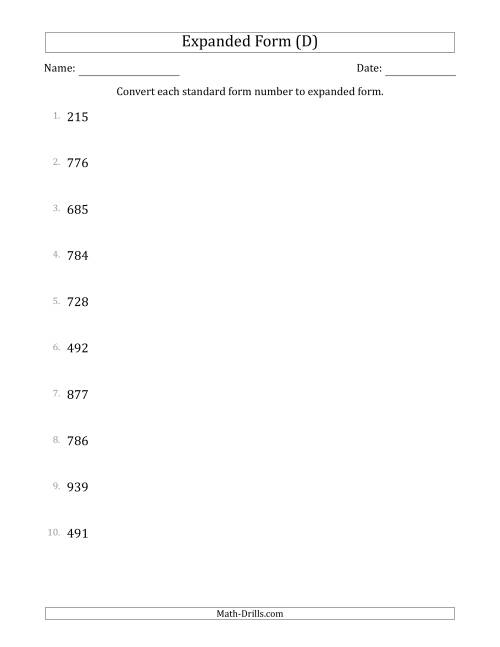 The Converting Standard Form Numbers to Expanded Form (3-Digit Numbers) (D) Math Worksheet