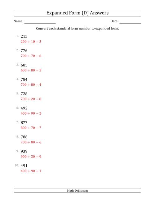 The Converting Standard Form Numbers to Expanded Form (3-Digit Numbers) (D) Math Worksheet Page 2