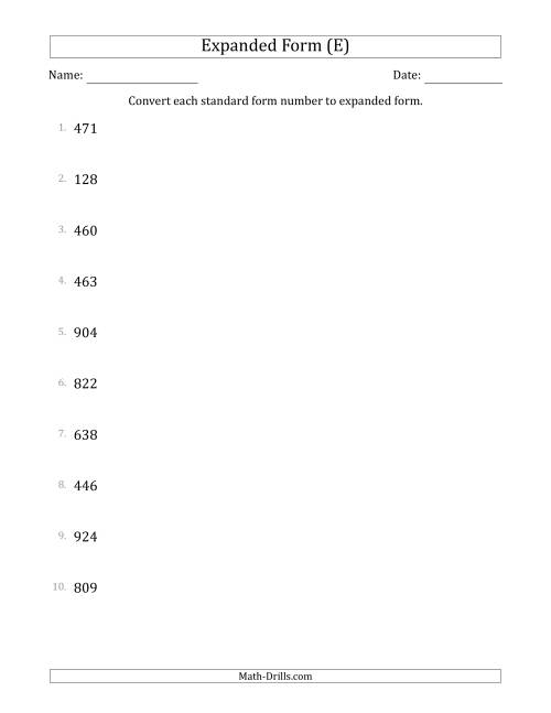 The Converting Standard Form Numbers to Expanded Form (3-Digit Numbers) (E) Math Worksheet