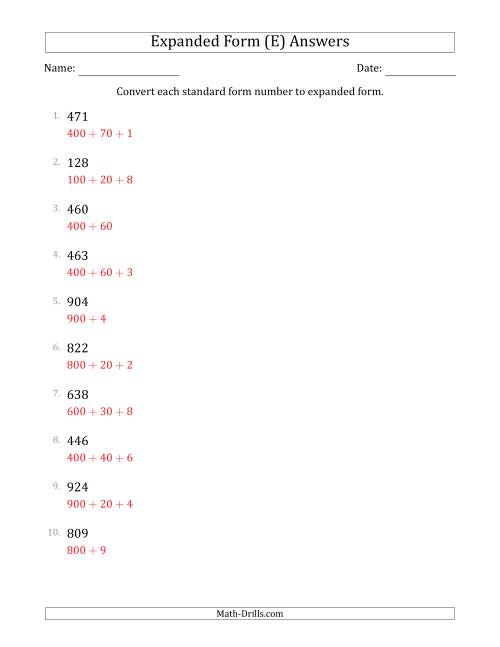 The Converting Standard Form Numbers to Expanded Form (3-Digit Numbers) (E) Math Worksheet Page 2