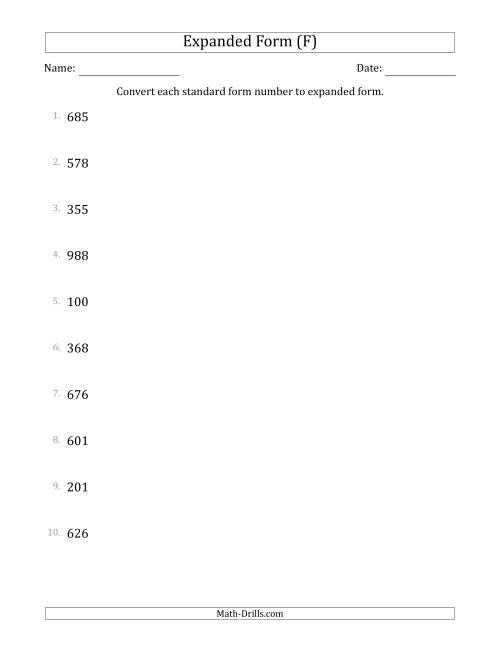 The Converting Standard Form Numbers to Expanded Form (3-Digit Numbers) (F) Math Worksheet