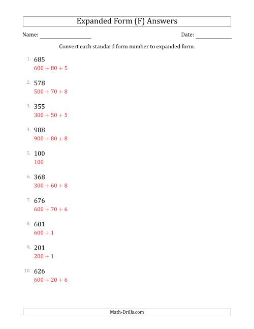 The Converting Standard Form Numbers to Expanded Form (3-Digit Numbers) (F) Math Worksheet Page 2