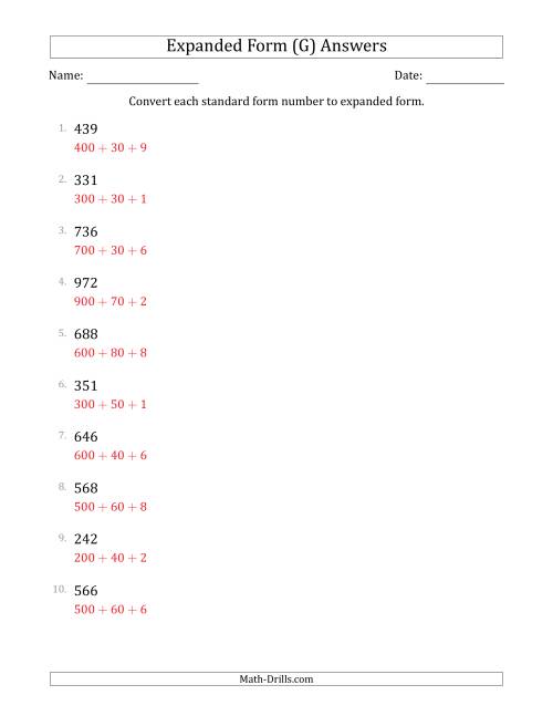 The Converting Standard Form Numbers to Expanded Form (3-Digit Numbers) (G) Math Worksheet Page 2