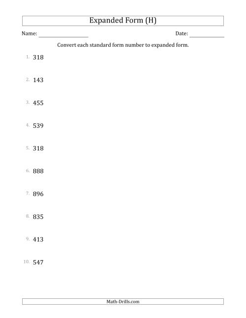The Converting Standard Form Numbers to Expanded Form (3-Digit Numbers) (H) Math Worksheet